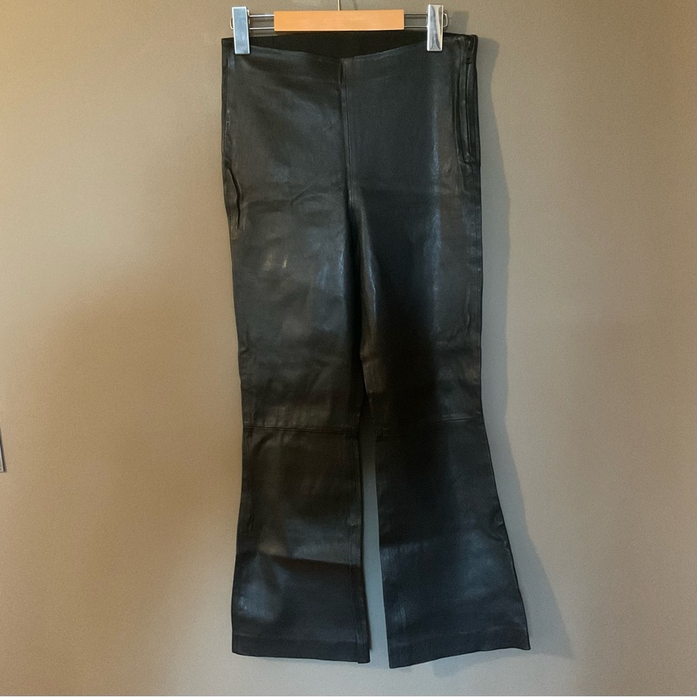 ZARA FLARED 100% LEATHER PANTS BLACK SIZE M - Picture 5 of 5